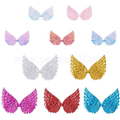 PandaHall 60pcs 2 Sizes Glitter Fabric Angel Wings Embossed 10 Colors Iridescent Wings Patches DIY Sequined Applique for Bag Clothes Hair DIY Crafts Decoration DIY-PH0026-30-1