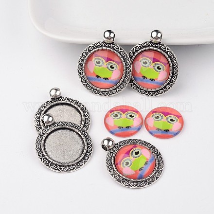 Antique Silver Alloy Pendant Cabochon Bezel Settings and Owl Printed Glass Cabochons TIBEP-X0180-B07-1