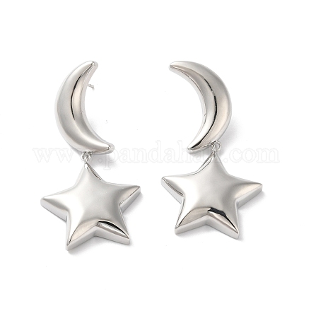 Aretes colgantes de estrella y luna de latón chapado de larga duración para mujer EJEW-K093-27P-1
