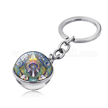 Porte-clés pendentif demi-rond/dôme en verre double face motif mandala de yoga WG35126-03-1