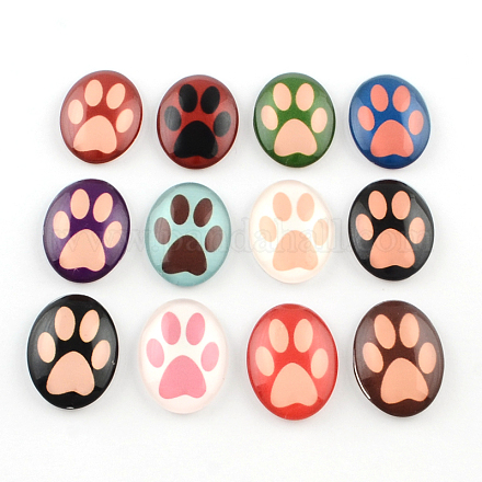 Dog Paw Prints Pattern Glass Oval Flatback Cabochons for DIY Projects GGLA-R022-40x30-84-1