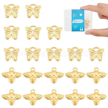 DICOSMETIC 20Pcs 2 Styles Bee Charms Stainless Steel Bee and Butterfly Charms Textured Gold Color Bumble Bee Charms for Bracelet Necklace Earring DIY Jewelry Making STAS-DC0008-90-1