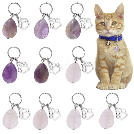 CHGCRAFT 10Pcs 2 Style Teardrop Gemstone Pet Collar Charms Natural Gemstone Pendants with Head Pins Split Rings Paw Print Charms for Pet Collars Keychain HJEW-CA0001-21-1