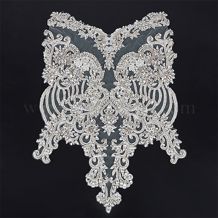 BENECREAT Handmade Silver Rhinestones Bodice Applique Sewing Beads White Trim Patches Crystal Sewing Lace Patch Accessories for Shiny Decorative Wedding Dress DIY-WH0013-63-1