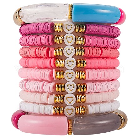 10Pcs 10 Style Handmade Polymer Clay Heishi Beaded Stretch Bracelets Set with Heart BJEW-SW00036-02-1
