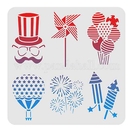 FINGERINSPIRE American Independence Day USA Patriotic Reusable Stencils 30x30cm Flag Pattern Mylar Templates Fireworks Balloons Magician Pattern for Painting on Wood DIY-WH0172-558-1