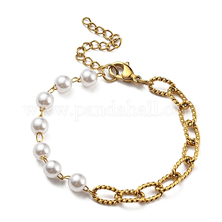 Placage ionique (ip) 304 trombone en acier inoxydable et bracelet en chaîne de perles en plastique BJEW-E088-04G-1