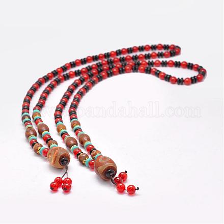 Colliers avec perles en agate tibétaine naturelle à bijoux bouddhistes NJEW-F131-25-1