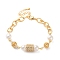 Brass Micro Pave Cubic Zirconia Link Bracelets, with ABS Plastic Imitation Pearl, Real 18K Gold Plated, 7-1/4 inch(18.5cm)