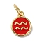 Real 18K Gold Plated Brass Enamel Charms, with Jump Ring, Long-Lasting Plated, Lead Free & Cadmium Free, Flat Round with Aquarius Charms, Red, 10x8x1mm, Hole: 4mm