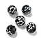 Printed Wood European Beads, Round with Bone Pattern, Black, 15.5~16mm, Hole: 4~4.5mm