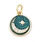 Brass Micro Pave Cubic Zirconia Charms, with Enamel, Flat Round with Moon Star, with Jump Ring, Real 18K Gold Plated, 13x11.5x2.5mm, Hole: 3.5mm