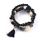 Multi-layered Stretch Bracelets Sets, Stackable Bracelets, with Acrylic Beads, Golden Plated Alloy Spacer Beads and Yarn Tassel Pendants, Black, Inner Diameter: 1-7/8~2-1/8 inch(4.9~5.3cm), 3pcs/set