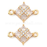 Dijes de conector de circonita cúbica transparente de latón, enlaces rombo, real 18k chapado en oro, 11x16x3mm, agujero: 1.2 mm