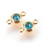 304 Stainless Steel Rhinestone Links connectors, Flat Round, Golden, Indicolite, 12x6.5x4mm, Hole: 2mm