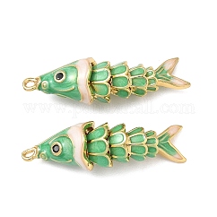 Anhänger aus Messing mit Mikropavé-Kubikzirkonia und Emaille, Fisch Charme, echtes 18k vergoldet, mittleres Seegrün, 35x11x10 mm, Bohrung: 1.4 mm