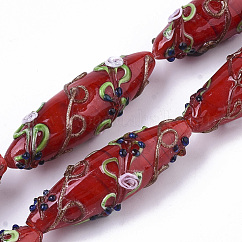 Chapelets de perles vernissées de sable d'or manuels, cahoteuse, riz avec motif de fleurs, rouge foncé, 45~47.5x14.5~15.5mm, Trou: 1.5mm, Environ 10 pcs/chapelet, 17.72 pouce