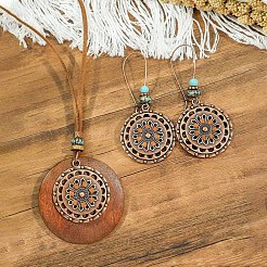Böhmische Halsketten-Sets mit Anhängern aus Legierung und Holz und Ohrhängern&nbsp;WG08C2E-01