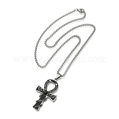 201 Edelstahl Pavé natürliche Tigerauge Ankh Kreuz Anhänger Box Kette Halsketten&nbsp;STAS-D196-04P