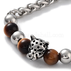 Bracciali con perline di pietre preziose miste naturali a forma di testa di leopardo con fermagli a moschettone in acciaio inossidabile 201&nbsp;BJEW-Q334-12