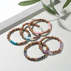 Rundes Stretch-Armband aus natürlichem Wengeholz und Edelsteinen für Frauen&nbsp;BJEW-JB07544