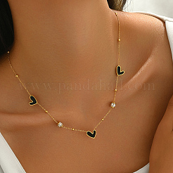 Colliers en acier inoxydable pavé de zircons cubiques transparents et chaîne à maillons en forme de cœur noir imitation coquillage pour femmes&nbsp;HU5072