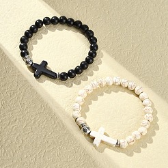 2 Stück 2-farbig gefärbtes synthetisches Türkis-Kreuz und Stretch-Armbänder aus Legierungsperlen&nbsp;BJEW-YW00002-02