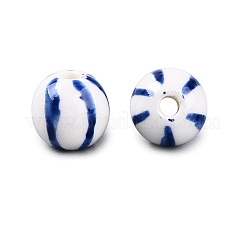 Cuentas redondas de porcelana pintadas a mano con rayas azules y blancas&nbsp;PORC-Q007-01A