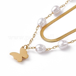 Collana a doppio strato con perle finte e catene a spina di pesce&nbsp;NJEW-P269-16G