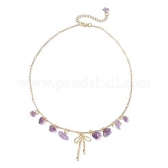 Colliers avec pendentif en forme de nœud papillon en laiton et puce d'améthyste naturelle et barre en laiton&nbsp;NJEW-JN05429-03