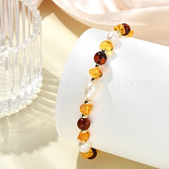 Bracelets extensibles en perles d'ambre naturel et de perles de culture d'eau douce pour femmes&nbsp;BJEW-JB13699-02