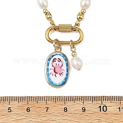 Ovaler Anhänger aus bedrucktem Messing mit natürlichen Süßwasserzuchtperlen für Damen&nbsp;NJEW-JN06384