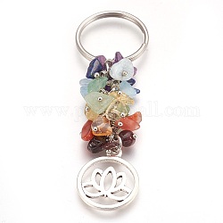 Porte-clés en pierre naturelle, avec les accessoires en laiton, plat rond de lotus, 80mm, pendentif: 24x19.5x1.5 mm