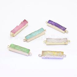 Maglie / connettori in agata druzy galvanica naturale, oro, rettangolo, colore misto, 30~45x8~9x4.5~7.5mm, Foro: 2 mm