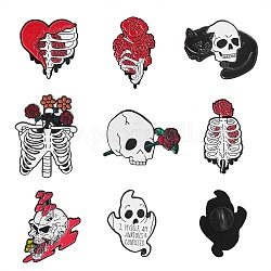 8 stücke 8 stil schädel skelett geist emaille pin, Halloween-Legierungsbrosche für Rucksackkleidung, Elektrophorese schwarz, Mischfarbe, 24~34x17~34x1~1.5 mm, 1pc / style