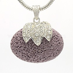 Platinum Plated Alloy Natural Lava Pendants, with Crystal Rhinestone, Oval, Dyed, Plum, 36x41x13mm, Hole: 6x4mm