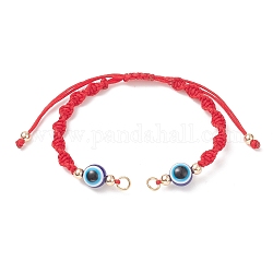 Fabrication de bracelet à maillons en fil de nylon tressé réglable, avec de la résine mauvais œil, véritables perles en laiton plaqué or 18 carat et 304 anneaux en acier inoxydable, rouge, 6 pouce (15.2 cm), Trou: 3mm