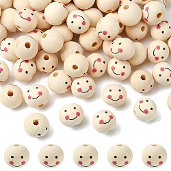 Des perles en bois naturel, Perles avec un grand trou   , ronde avec le visage de sourire, papayawhip, 19~20x17.5~18mm, Trou: 4.5mm, environ 200 pcs/500 g
