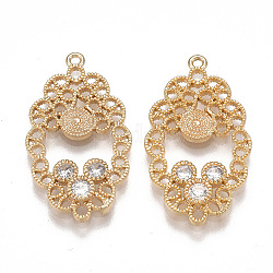 Brass Filigree Pendants, Nickel Free, Real 18K Gold Plated, with Cubic Zirconia, Oval, Clear, 26x14.5x2mm, Hole: 1.2mm