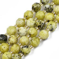 Chapelets de perles de jaspe dendritique naturelle, avec des perles de rocaille, tambour à barillet bicône à facettes, 7~8x7~8mm, Trou: 1mm, Environ 35~38 pcs/chapelet, 13.82 pouce ~ 14.84 pouces (35.1~37.7 cm)