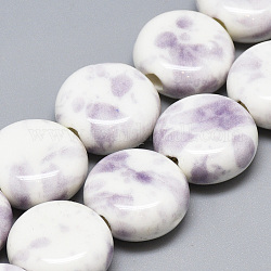 Perles en porcelaine manuelles, fantaisie porcelaine émaillée antique, plat rond, support violet, 14~14.5x6.5~7mm, Trou: 2.5mm