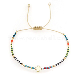 Braccialetto con perline intrecciate con croce e semi di vetro, Bracciale regolabile, beige, nessuna dimensione
