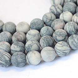 Bereifte natürliche schwarze Seide Stein / Netstone Runde Perlenstränge, 8~8.5 mm, Bohrung: 1 mm, ca. 47 Stk. / Strang, 15.5 Zoll