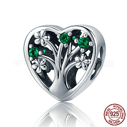 925 Sterling Silver European Beads, with Cubic Zirconia, Large Hole Beads, Heart with Tree, Antique Silver, 11x11mm, Hole: 4.2~4.5mm