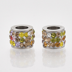 Perles en 201 acier inoxydable, avec strass en pâte polymère, colonne, colorées, 5.5x7mm, Trou: 3.5mm