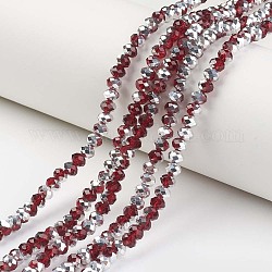 Electroplate Transparent Glass Beads Strands, Half Silver Plated, Faceted, Rondelle, Dark Red, 10x8mm, Hole: 1mm, about 62pcs/strand, 22.05 inch(56cm)