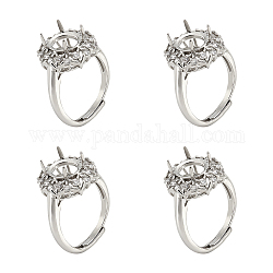Nbeads 4 pieza de anillo de garra en blanco, Bases de anillo de latón ajustables de 17.3mm, componentes de anillo de dedo de platino, ajuste de anillo redondo micro pavé cz para fabricación de joyas de anillos diy, Bandeja: 10x8 mm