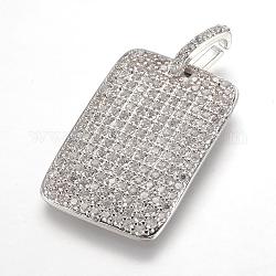 Brass Micro Pave Cubic Zirconia Pendants, Real Platinum Plated, Rectangle, 27.5x18x2.5mm, Hole: 3x7.5mm