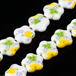 Fili di perline in ceramica di porcellana fatti a mano, fiore stampato, fiore, giallo, 14x15x6mm, Foro: 1.8 mm, circa 23pcs/filo, 12.4 pollici (31.5 cm)