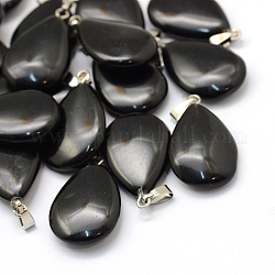 Tropfen natürlicher schwarzer Steinanhänger, mit platinen Messing Zubehör  , 25~29x16~17x5~6 mm, Bohrung: 2x7 mm